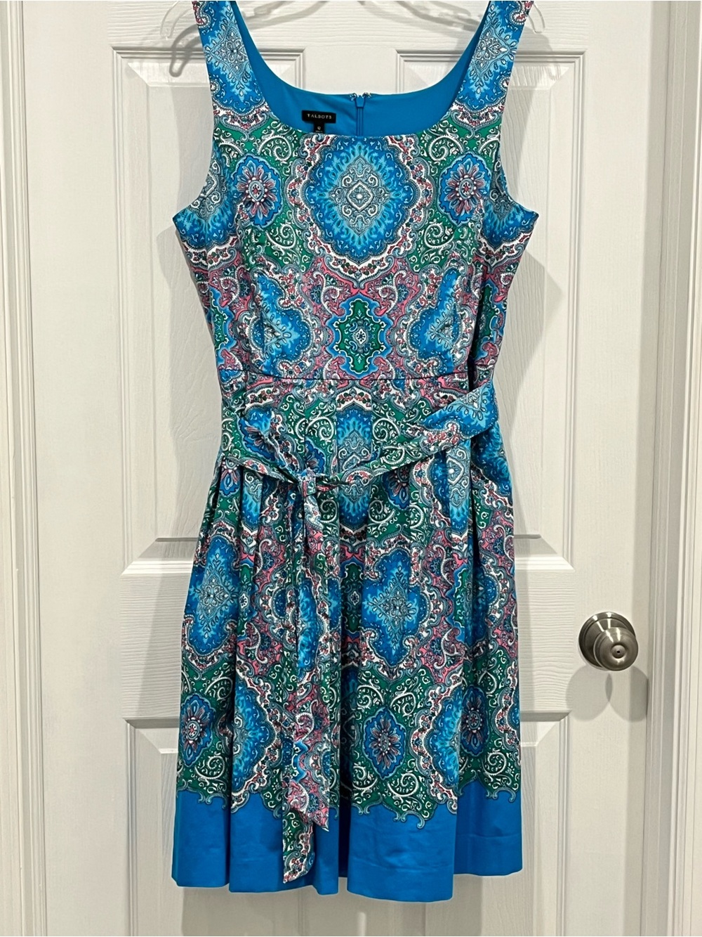 Talbots Blue Green Paisley Sleeveless Belted Midi Dress